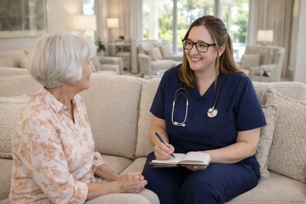 Healthcare navigator speaking with an older adult in her home