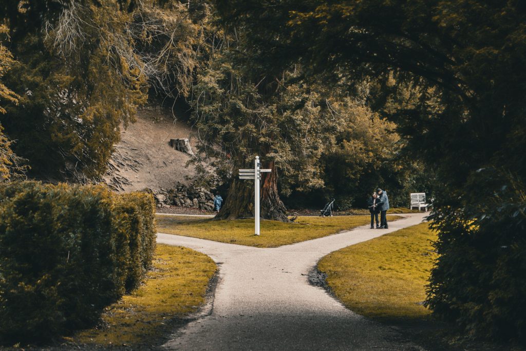 Path splitting in two directions with a signpost, symbolizing Social Security claiming options